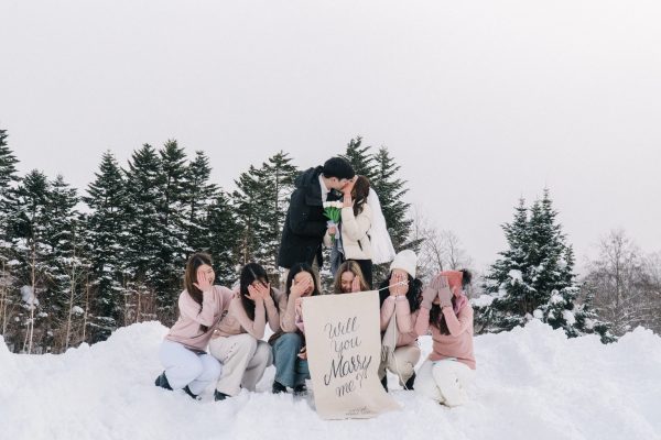 Japan, Hokkaido, Niseko, winter, Sea And Summit Media, MnK, Orchards, Proposal, portrait, Engagement, Couple, Billy