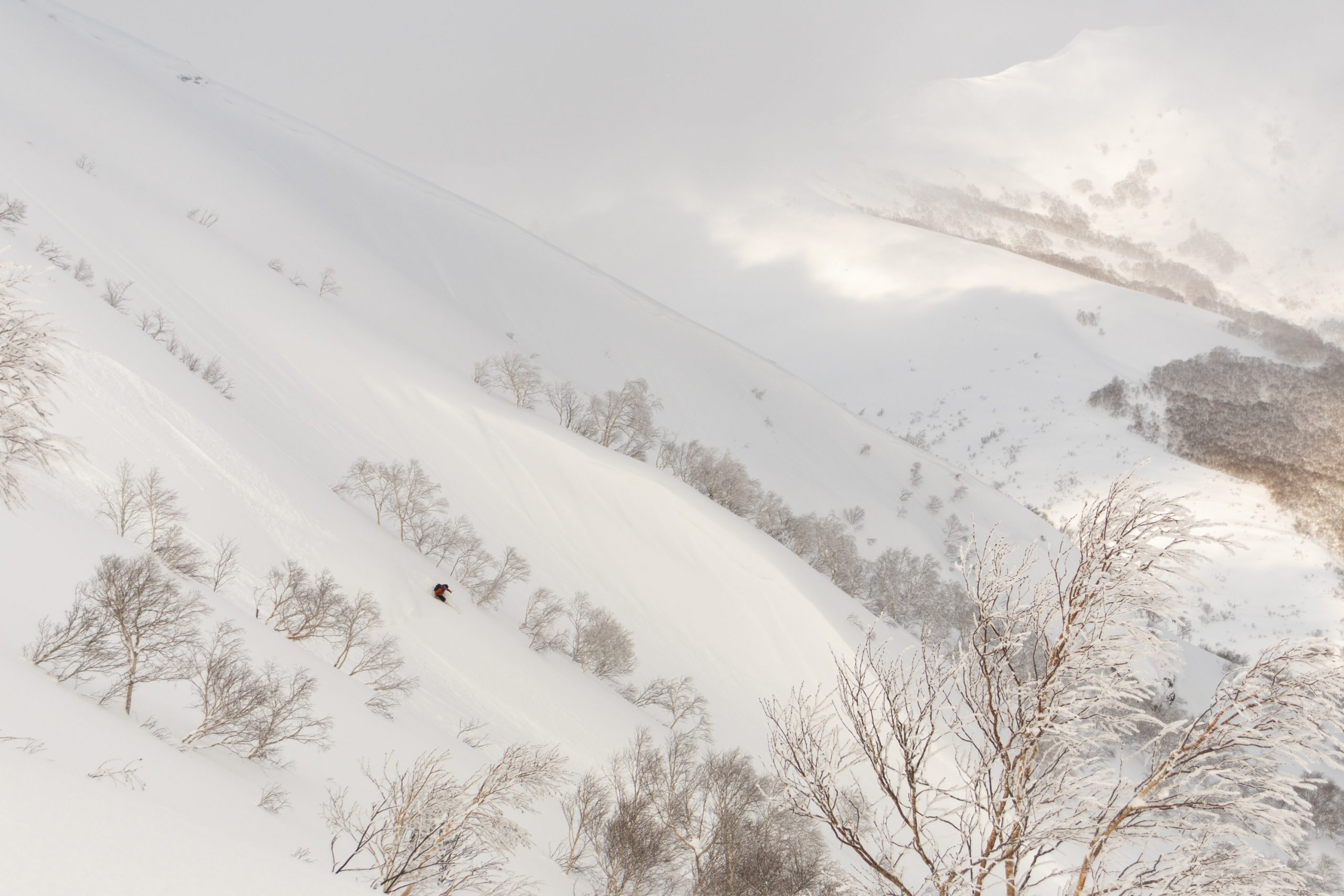 Lone ski tourer crossing a snow-filled valley in the Niseko backcountry