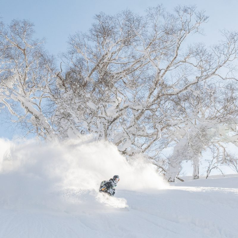 a snowboarder riding in deep niseko powder snow