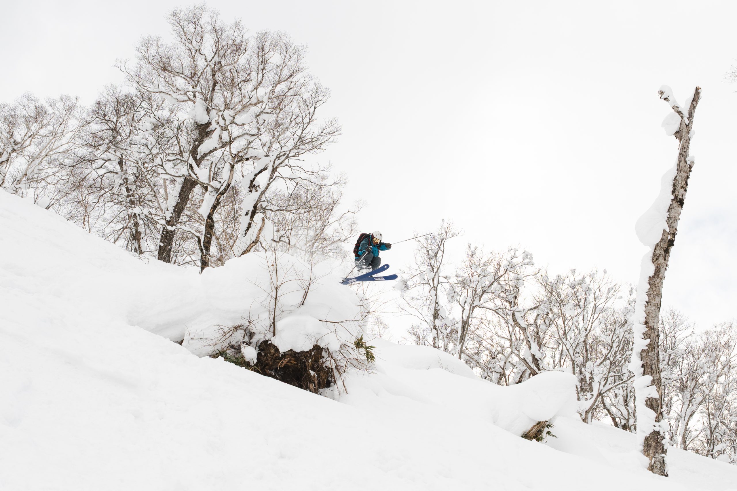 Skier carving untracked powder on a guided Niseko backcountry day